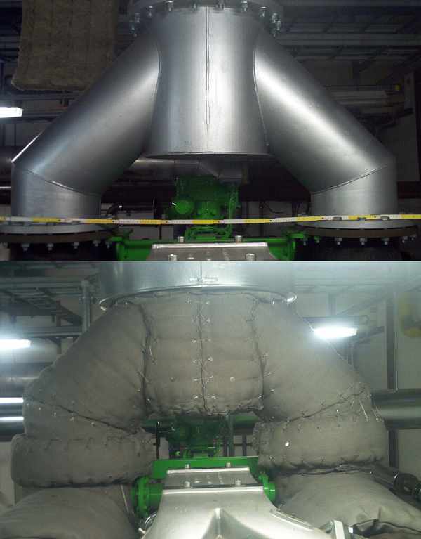 Vorher / nachher: Isolierung Dämmung an Abgasanlage mit 500°C Temperatur